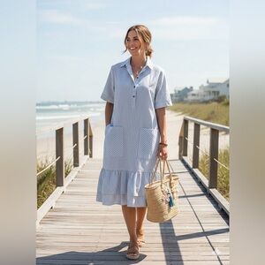 Joh. Blue White Striped Seersucker Coastal Midi Dress XS Tiered Ruffle Nautical